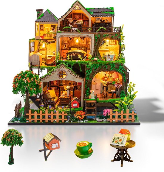 Angoily DIY Houten Huis Bouwpakket met Led-verlichting Duurzaam