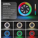Ventilator met houten rand, met digitale RGB-verlichting in verschillende kleuren.