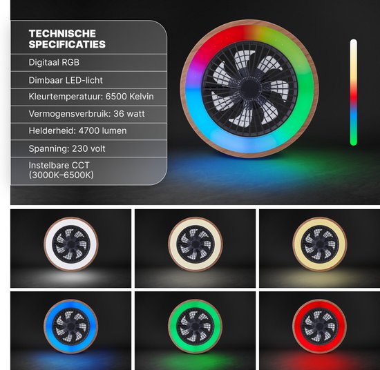 Ventilator met houten rand, met digitale RGB-verlichting in verschillende kleuren.