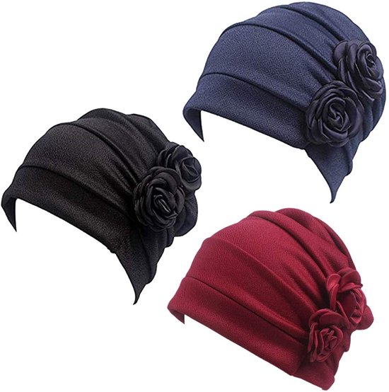 Foto: 3 stuks chemo tulband hoofddeksel head wrap chemo muts universal fit polyester zwart rood cyaan