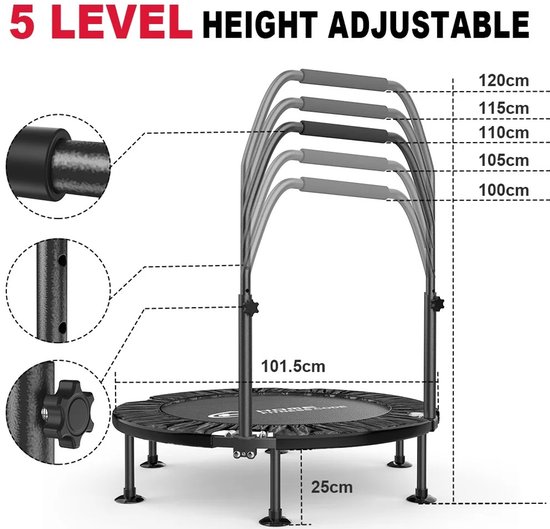 Schematische weergave van de trampoline met afmetingen en de 5-traps in hoogte verstelbare handgreep.