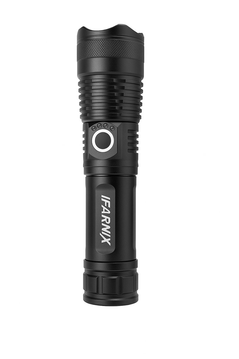 IFARNIX® Professionele Zaklamp 5000 Lumen – Zoom – Aluminium – Waterdicht – Werkt op AAA of 18650 Batterijen – USB-Oplaadbaar – Met Koord - Noodpakket – IPX65