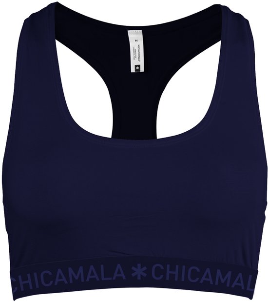 Donkerblauwe sportbeha met racerback en merklogo op de band.