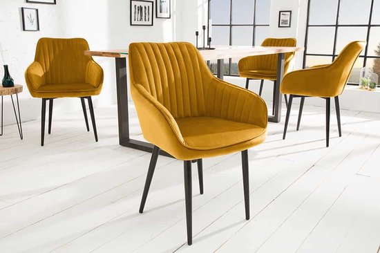 Fauteuil élégant TURIN en velours jaune moutarde avec surpiqûres décoratives - 39528