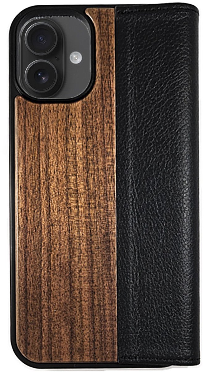 Houten flip case, iPhone 16 Plus– Noten met zwart leer