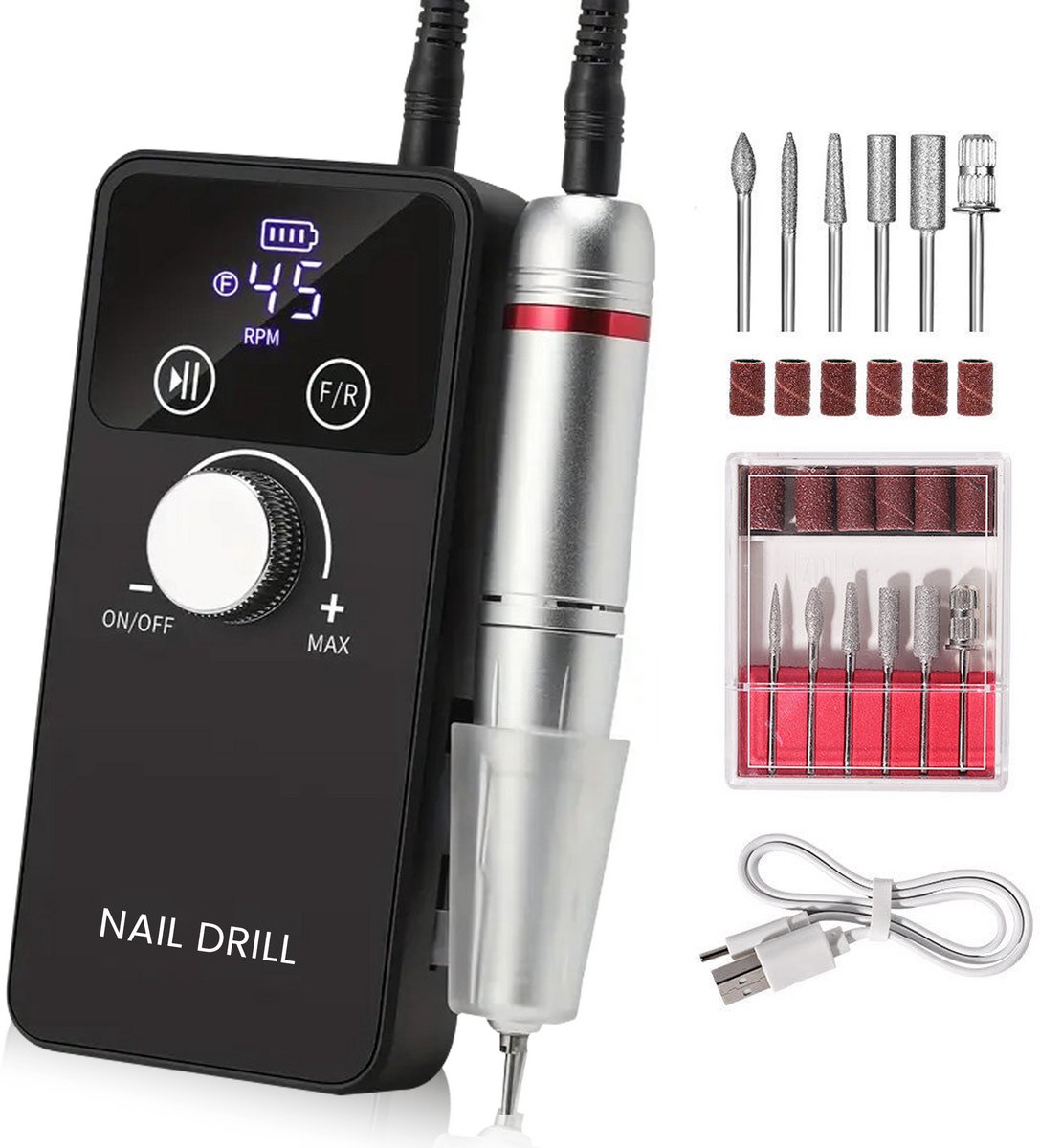 CRVFTED Professionele Nail Drill - Elektrische Nagelvijl - Nagelfrees – 45.000 RPM – LCD Display – Oplaadbaar 2000mAh – Inclusief 11 Bits & Schuurbandjes – Elektrische Nagelboor voor Acryl & Gelnagels – Laag Geluidsniveau – Zwart