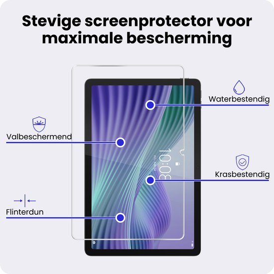 Stevige screenprotector met anti-val, anti-kras, waterbestendig en flinterdunne bescherming voor tablet.