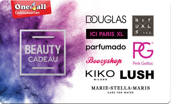Beauty Cadeau, met logo's van Douglas, Ici Paris XL, Lush, Kiko, Rituals, Boozyshop, Parfumado, Pink Gellac, Marie-Stella-Maris.