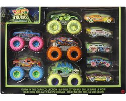 ​Hot Wheels Monster Trucks set met 10 speelgoedvoertuigen die licht geven in het donker