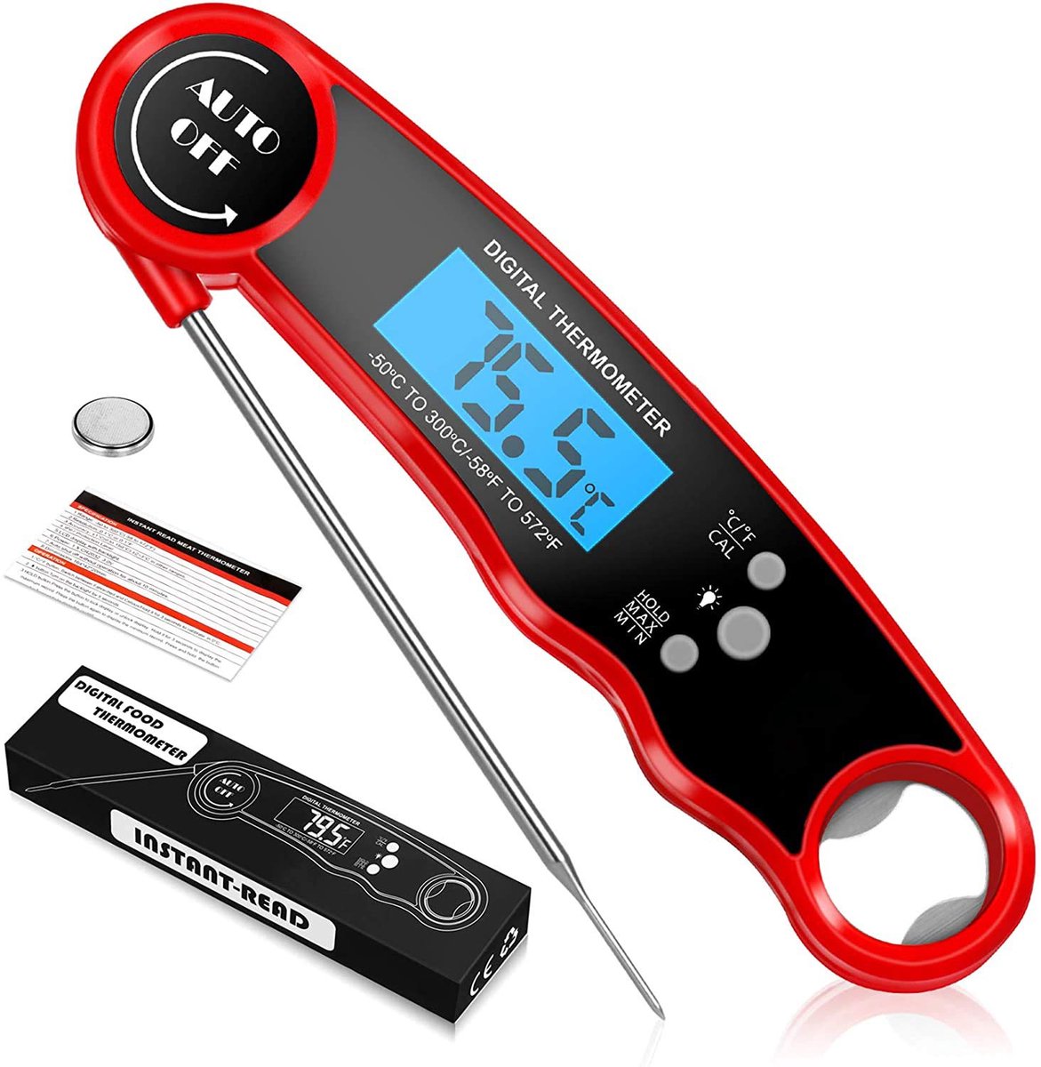 Digitale Thermometer voor Keuken, Koken, Voedsel Melk, Vlees, BBQ, Water, Thee Voor Binnen en Buiten, Waterdicht, RVS, Ultrasnel Rood of zwart