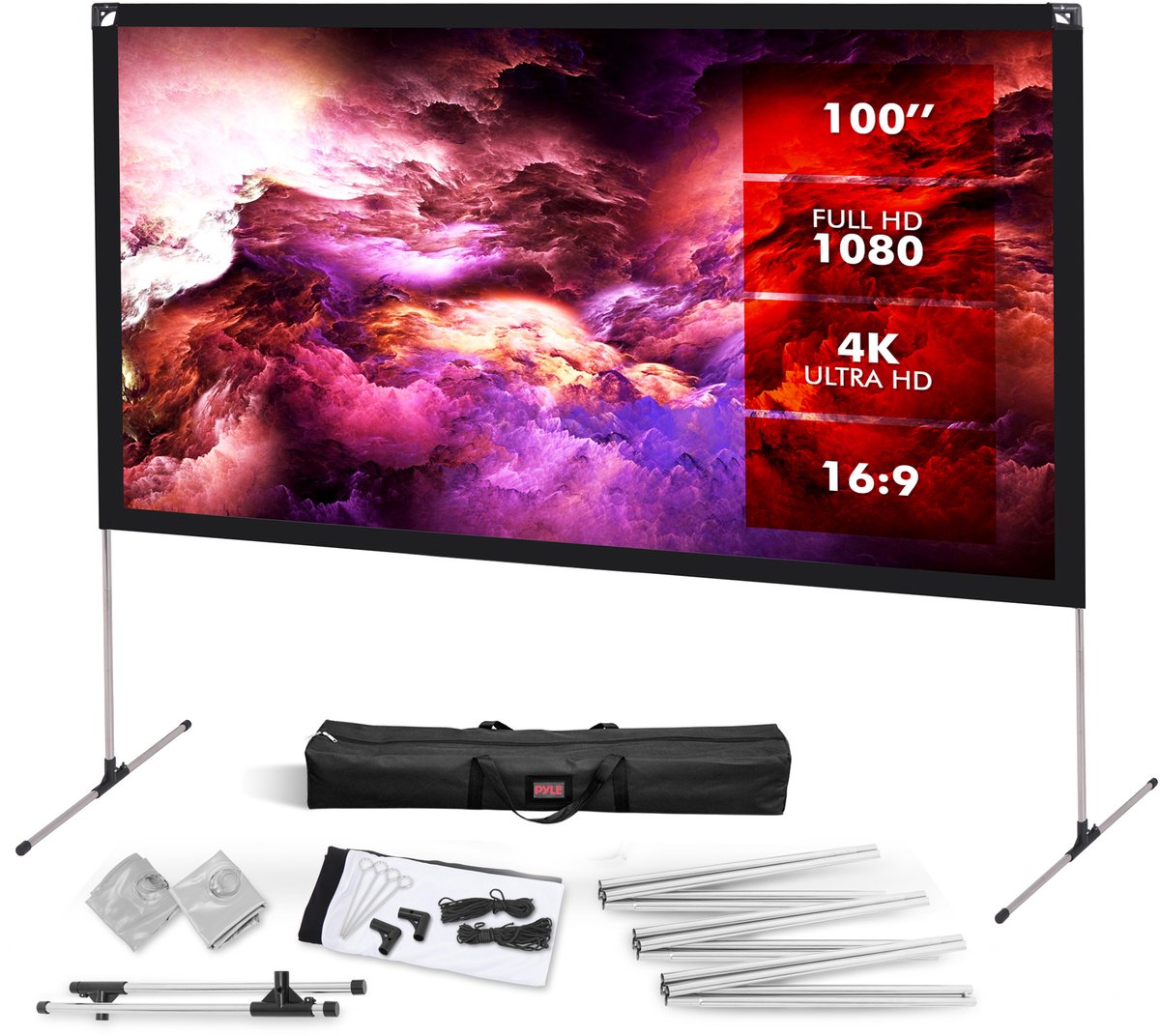 Pyle Projectiescherm met Standaard - 100inch 16:9 HD - Draagbaar Lichtgewicht Vouwbaar Staand Buiten- en Binnenbioscoop Scherm met Frame