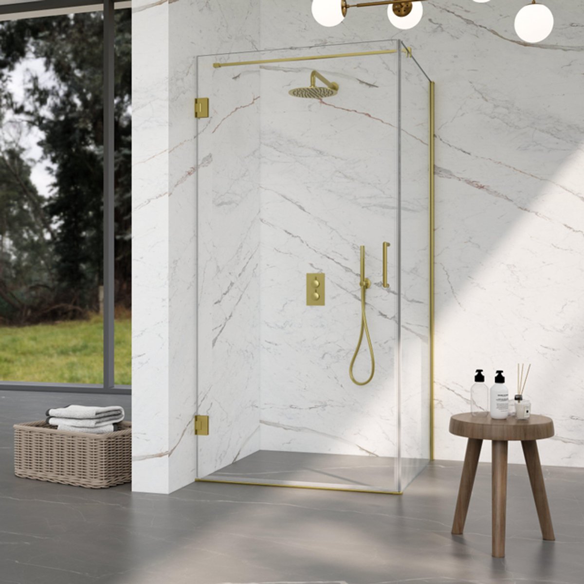 FugaFlow Eccelente Vetro Douchecabine - 80x140x200cm - scharnieren - deurgreep - stabilisatiestang - vlak - helder veiligheidsglas - Geborsteld Messing PVD (Goud)