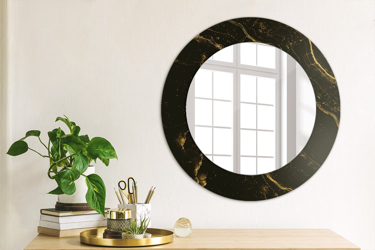 Coloray Bedrukte Spiegel - Zwart marmer Spiegel Met Print - 50 cm - Zwart Bedrukte Spiegel - Spiegel Met Print - Wandspiegel Met Print - Wandspiegel Decoratieve Print
