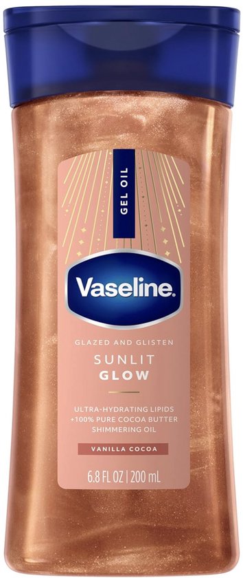 Vaseline Gel Oil Sunlit Glow met Vanille en Cacao. De bronzen olie bevat gouden glitters en heeft een blauwe dop.