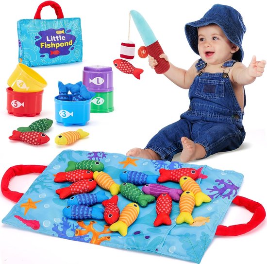 Montessorispeelgoed voor peuters van 1 jaar - Verjaardagscadeaus voor jongens en meisjes - 10-in-1 stoffen visspel, kerstcadeaus voor peuters van 1-3 jaar met stapelbekers - Leren tellen van getallen, kleuren sorteren