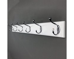Houten muurhanger met 6 zilveren haken - Stevige haakbaan voor jassen - 70 cm - Moderne hanger voor inkomhal - Witte hanger - Lomejii hook coat rack wall mounted