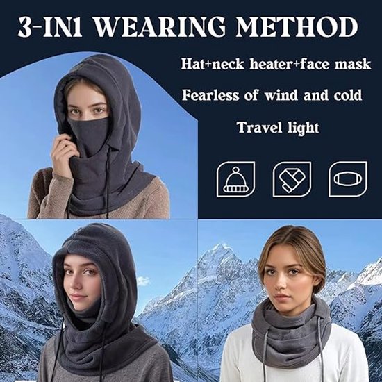 Drie draagopties voor een grijs bivakmuts: als muts met masker, als nekwarmer, en als volledige bivakmuts.