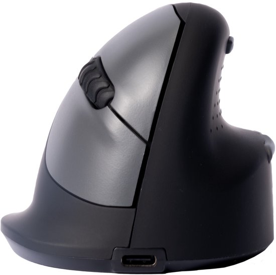 Zwart-grijze verticale muis, gezien vanaf de zijkant, met USB-C-poort.
