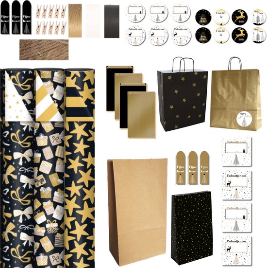 Kerst XXL 52-delige Luxe Inpakset - Dubbelzijdig Inpakpapier Goud Zwart- 3 Rollen