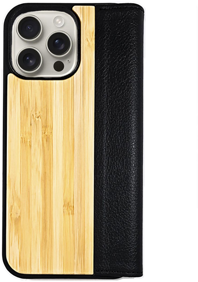 Houten flip case, iPhone 16 Pro Max – Bamboe met zwart leer