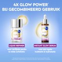 Flesjes NIVEA Liquid Refiner en Instant Glow Serum met uitleg over gecombineerd gebruik voor 4x meer glow.