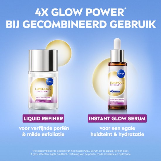 Flesjes NIVEA Liquid Refiner en Instant Glow Serum met uitleg over gecombineerd gebruik voor 4x meer glow.