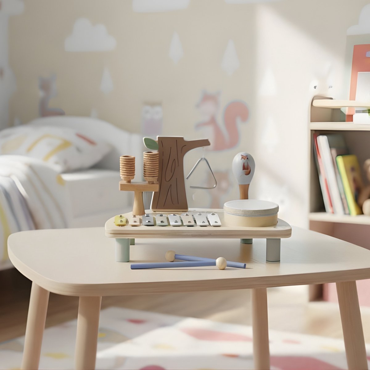 Beebie Babbels - Muziektafel - Bos Editie - Muziek Speelgoed - Houten Speelgoed - Speelgoedinstrumenten - Muziekspeelgoed 1 jaar - Met Xylofoon, Triangel en Trommel — afbeelding 10