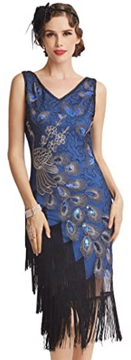 Vintage Flapper Jurk met Pailletten en Pauwprint in Jaren 20-stijl - Perfect voor Feestjes en Speciale Gelegenheden