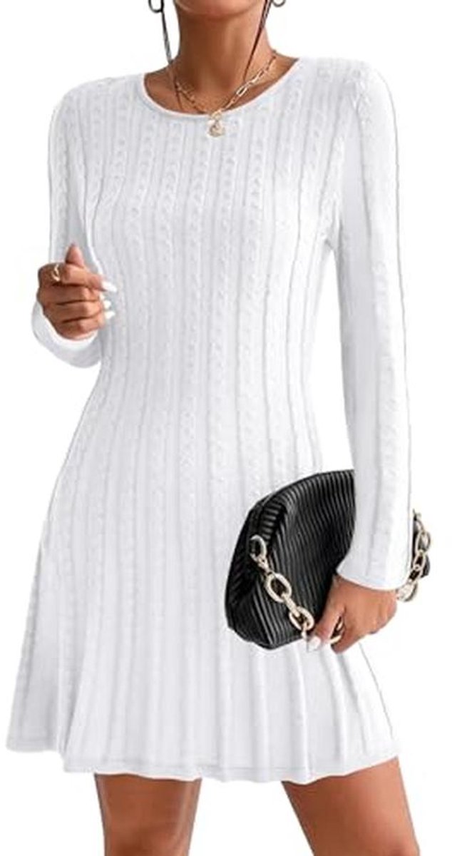 Elegante gebreide jurk voor dames - Lange mouwen, ronde hals, casual, midi-jurk voor herfst en winter