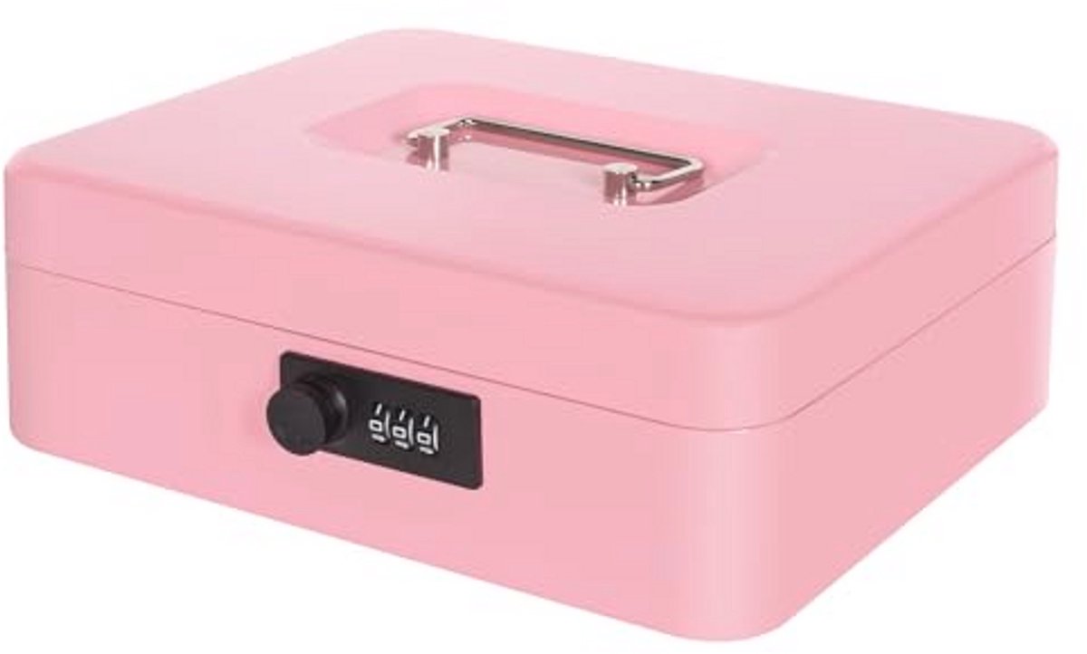 Geldkist met geldlade en combinatieslot, metalen spaarpot voor kassa, kleine geldkluis voor geldkluis, 25 x 20 x 9 cm, roze