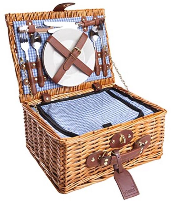 Panier de Pique-nique pour 2 Personnes avec Compartiment Isotherme et Accessoires - Blauw et Wit à Carreaux, 35x27x16cm