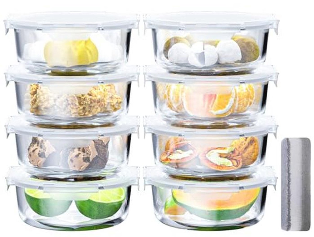 Ronde glazen voedselcontainers met deksel - BPA-vrij, 8 stuks 420ml