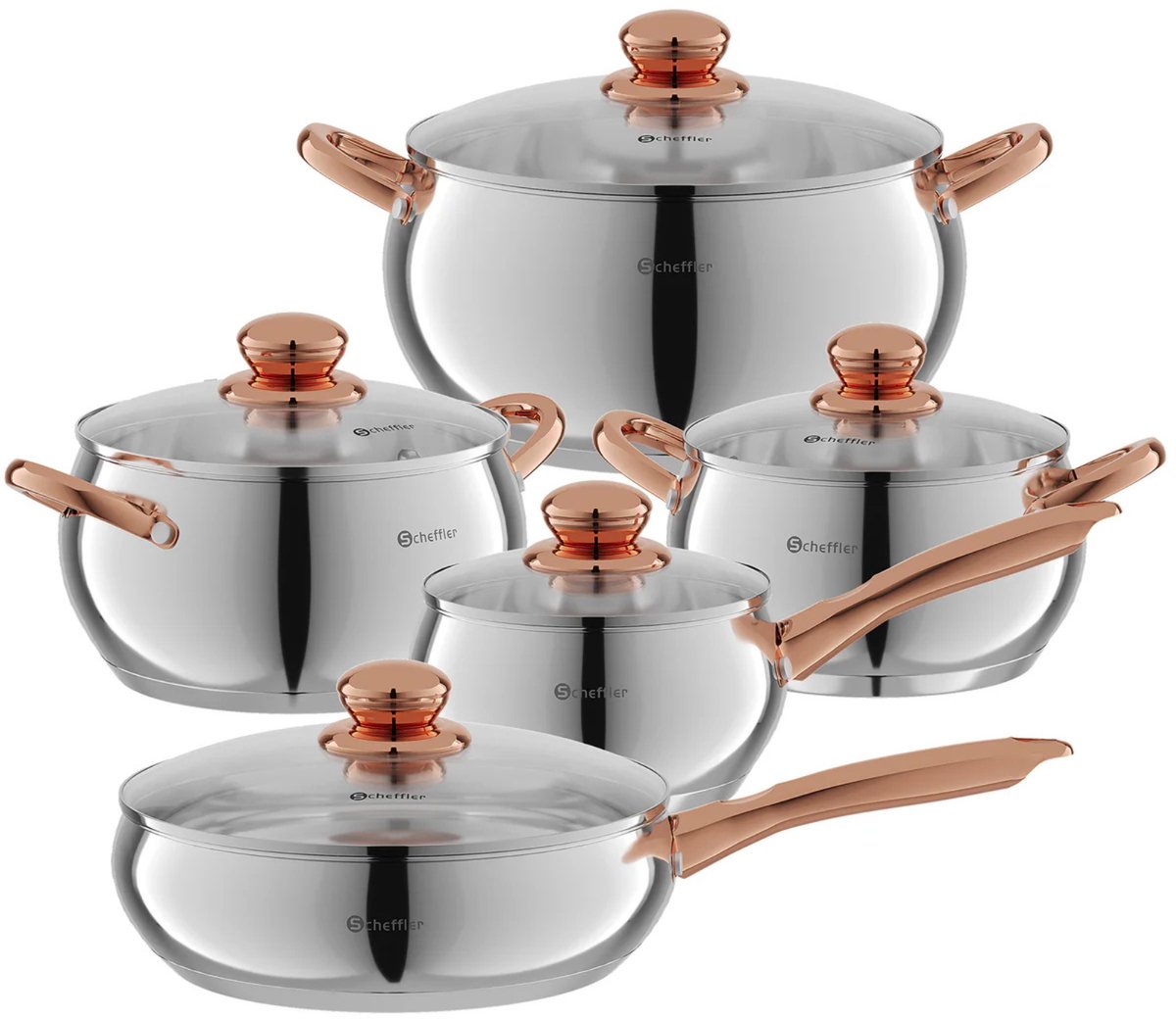 Scheffler Pannenset 10-delig – RVS Kookpannenset met Roségouden Handgrepen – Inductie Pannenset met Glazen Deksel – Luxe Duurzame Kookset voor Alle Warmtebronnen
