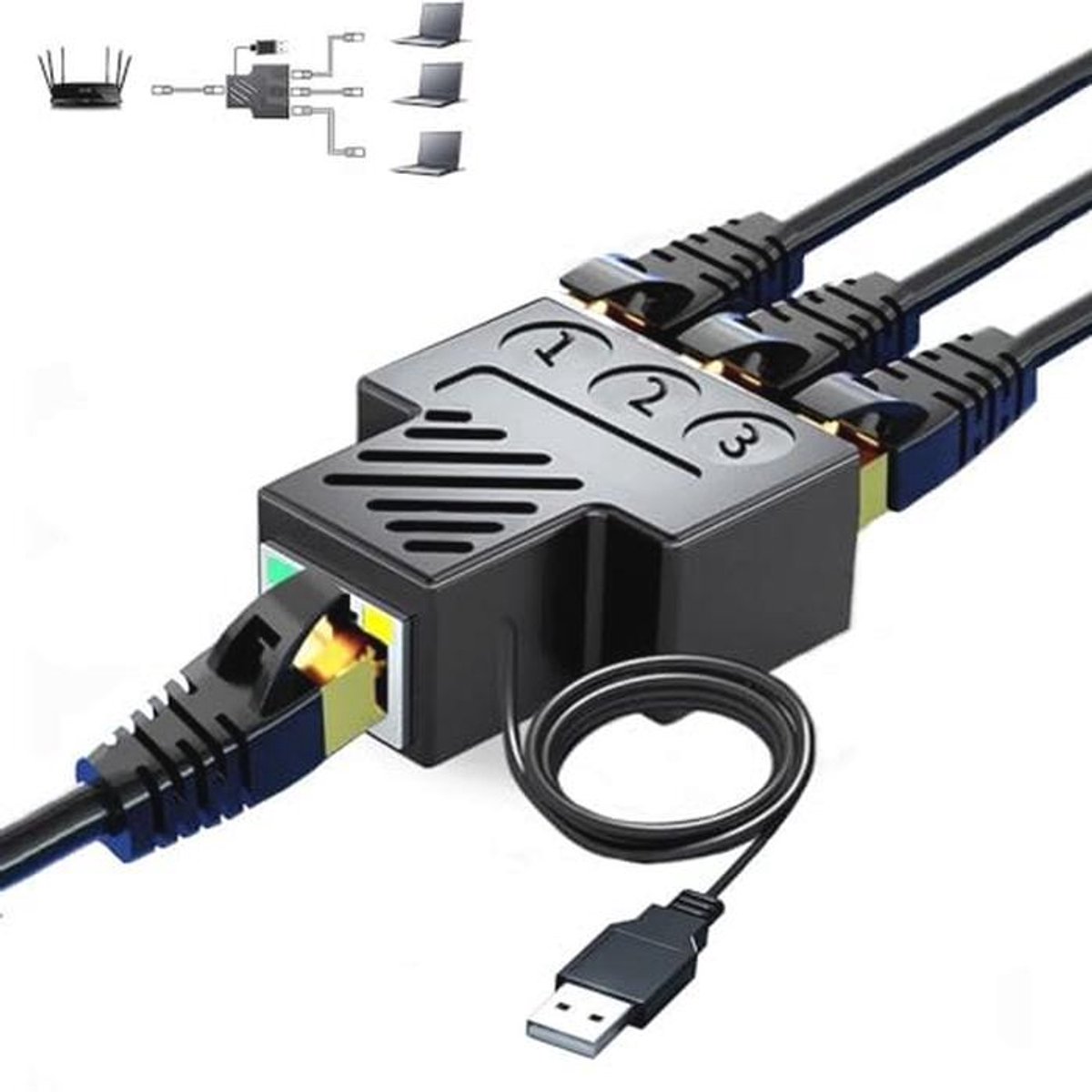 Ethernet Splitter Adapter 1 naar 3 Poorten voor Netwerkuitbreiding