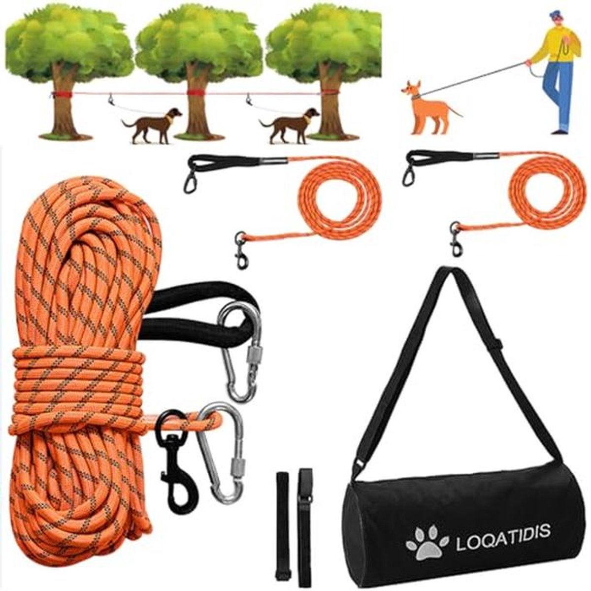 3-in-1 Hondenriem - Draagbaar Karrensysteem voor Tuin, Camping en Training - Reflecterende Kabel 50/100ft