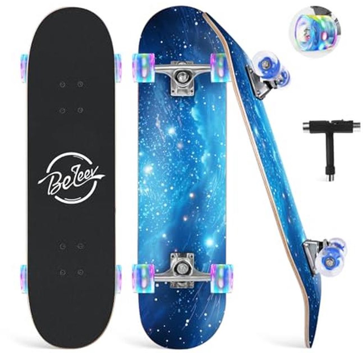Compleet Cruiser Skateboard voor Kinderen Jongeren en Volwassenen 80 x 20 cm 7-laags Canadese Esdoorn met All-in-One Skate T-tool Blauw