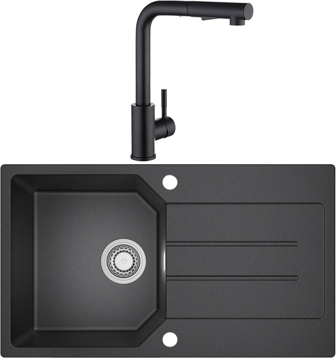 ANYCEE MAX Granieten Spoelbakken 78 x 45 cm - Spoelbakken Keuken Met Keukenkraan - 1 Gootsteen Zwart Granieten - Spoelbak Keuken Met Snijplank en Waterafvoersysteem - Zwart