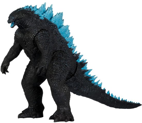 Godzilla actiefiguur met zwarte schubben en lichtblauwe stekels op rug en staart.