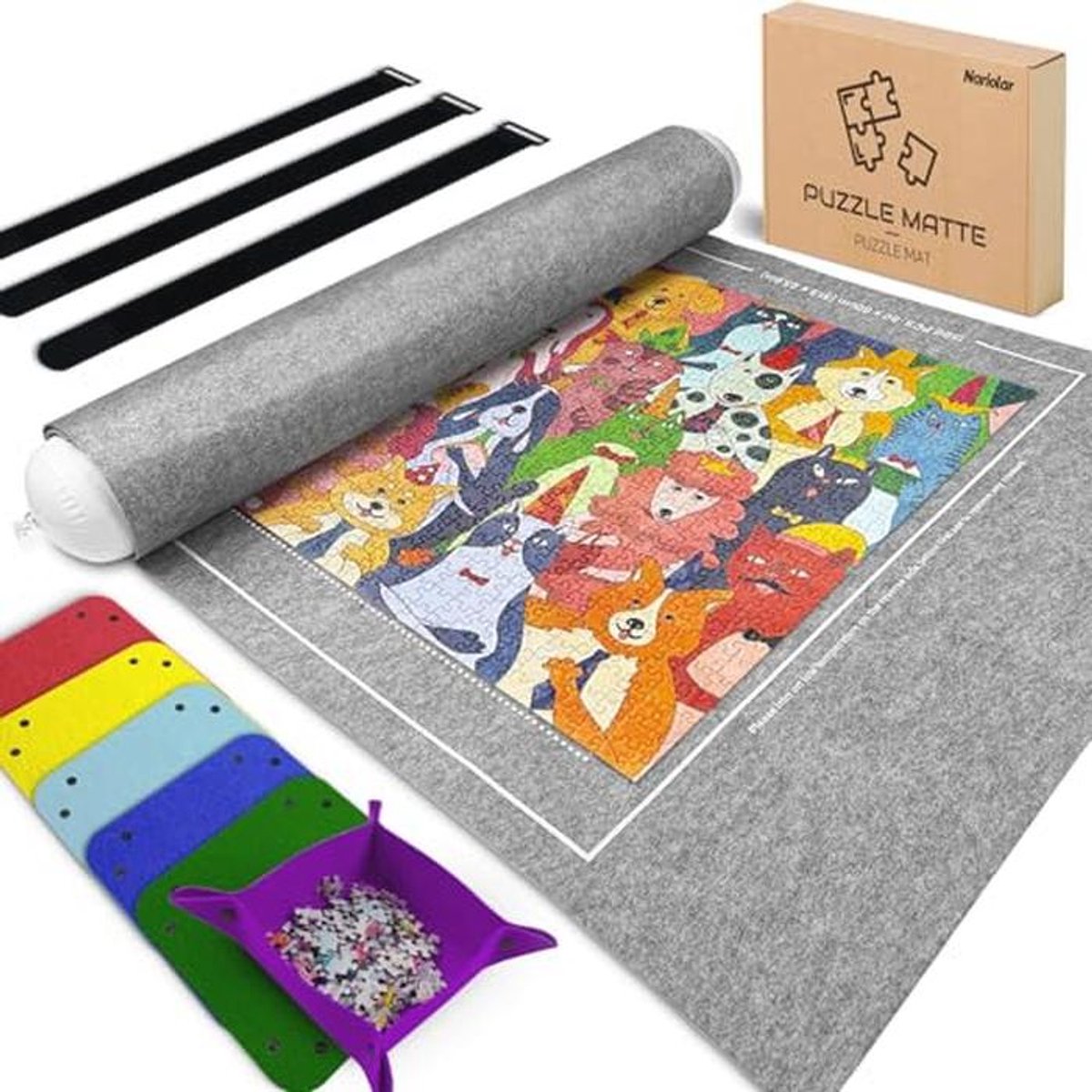 Puzzelmat met 6 kleurrijke vilt sorteerschalen, geschikt voor 500/1000/1500 stukjes