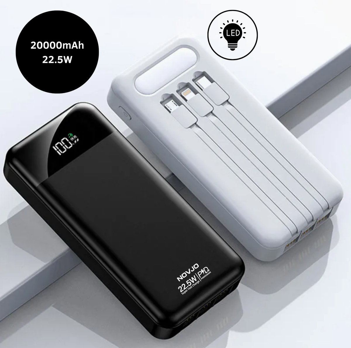 NOVJO® Powerbank 20000mAh – 22.5W Supersnelle Oplader met Ingebouwde Kabels en LED-Lamp – Geschikt voor iPhone en Samsung – Wit