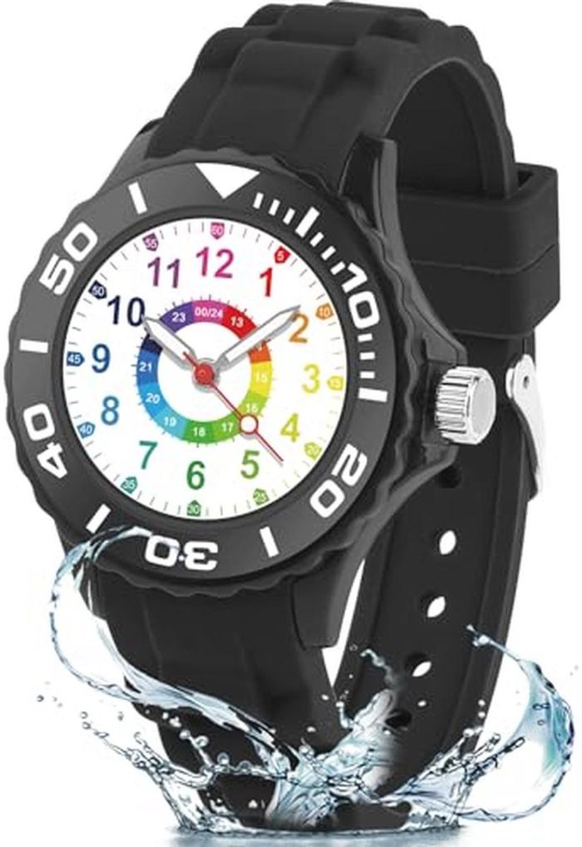 Kinderhorloge met leren band en gekleurde wijzerplaat voor jongens en meisjes