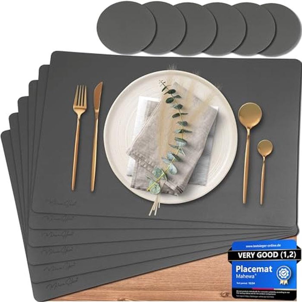 Set van 6 premium afwasbare en waterdichte placemats van imitatieleer in Lederlook