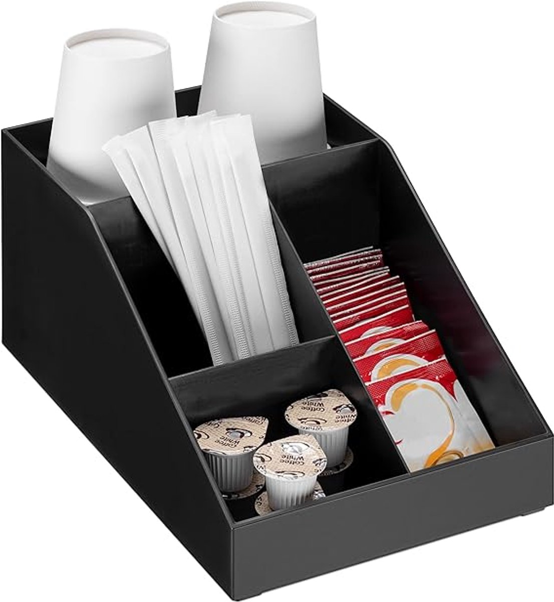 Famanu - Zwarte koffieaccessoires organizer met 4 vakken, ideaal voor suiker, melk en lepeltjes, compacte en duurzame houder voor elke koffiehoek