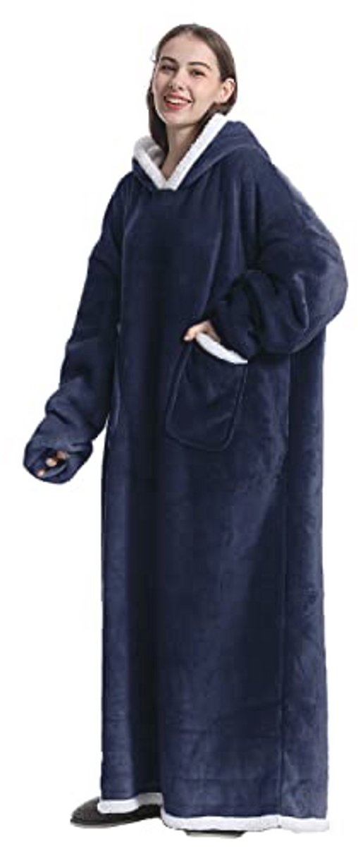 Oversized knuffeldeken met mouwen en capuchon – Zachte, warme, draagbare full-body deken voor volwassenen, uniseks, donkerblauw