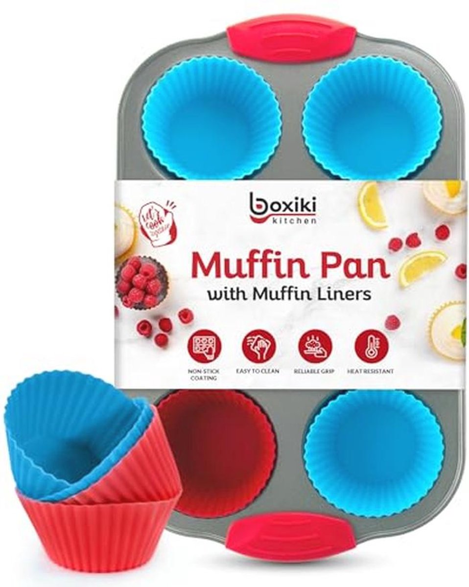 Muffinbakvorm van staal met anti-aanbaklaag en 6 siliconen handgrepen