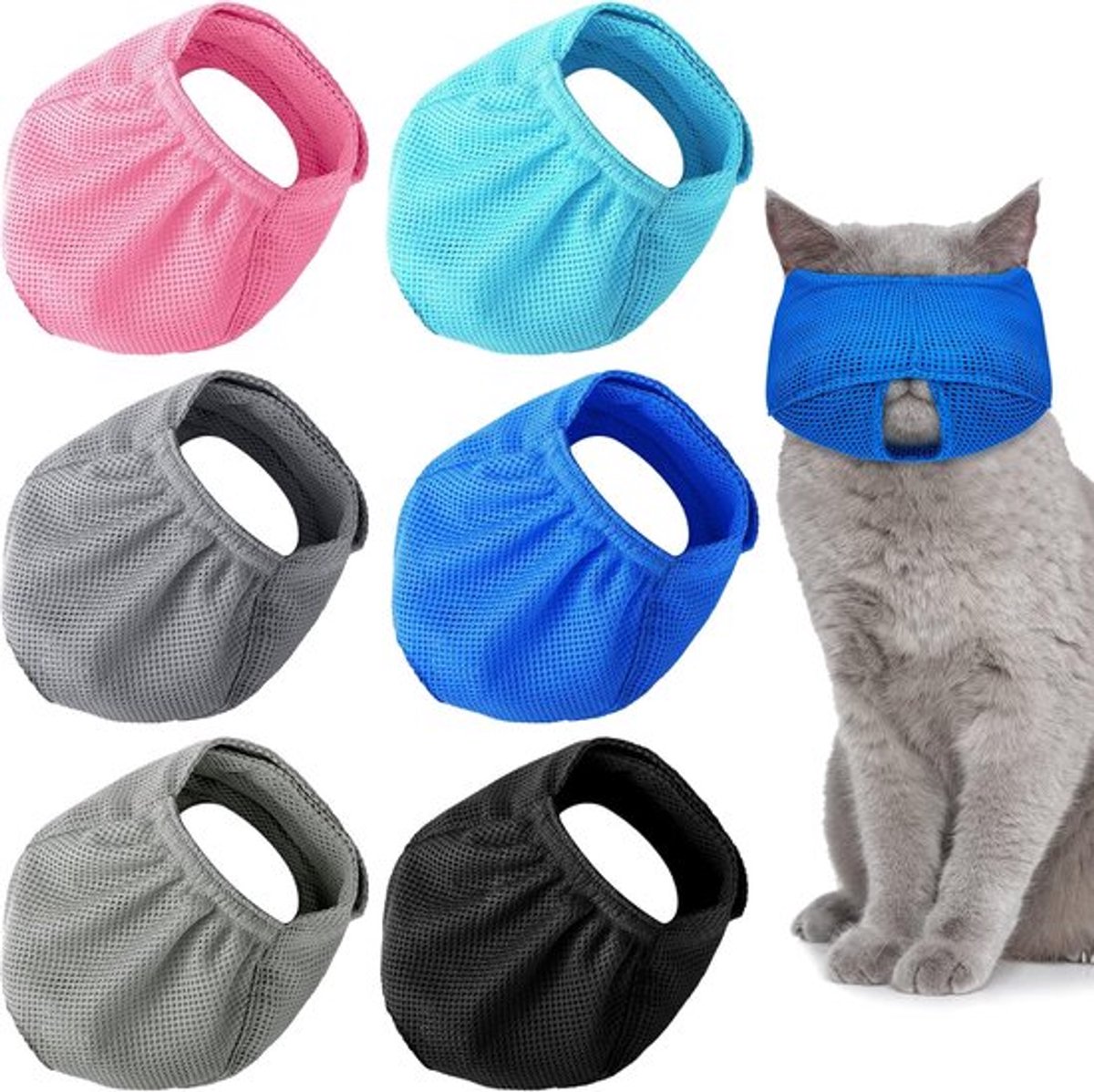 Daity Muilkorven voor katten - Verpakking van 6 - Ademende muilkorven voor katten - maat L - Geschikt voor kittens en vrouwelijke kittens - Nekomtrek: 18-26 cm - Geschikt voor reizen - dierenartsbezoeken en gebruik in de kattenbak - O