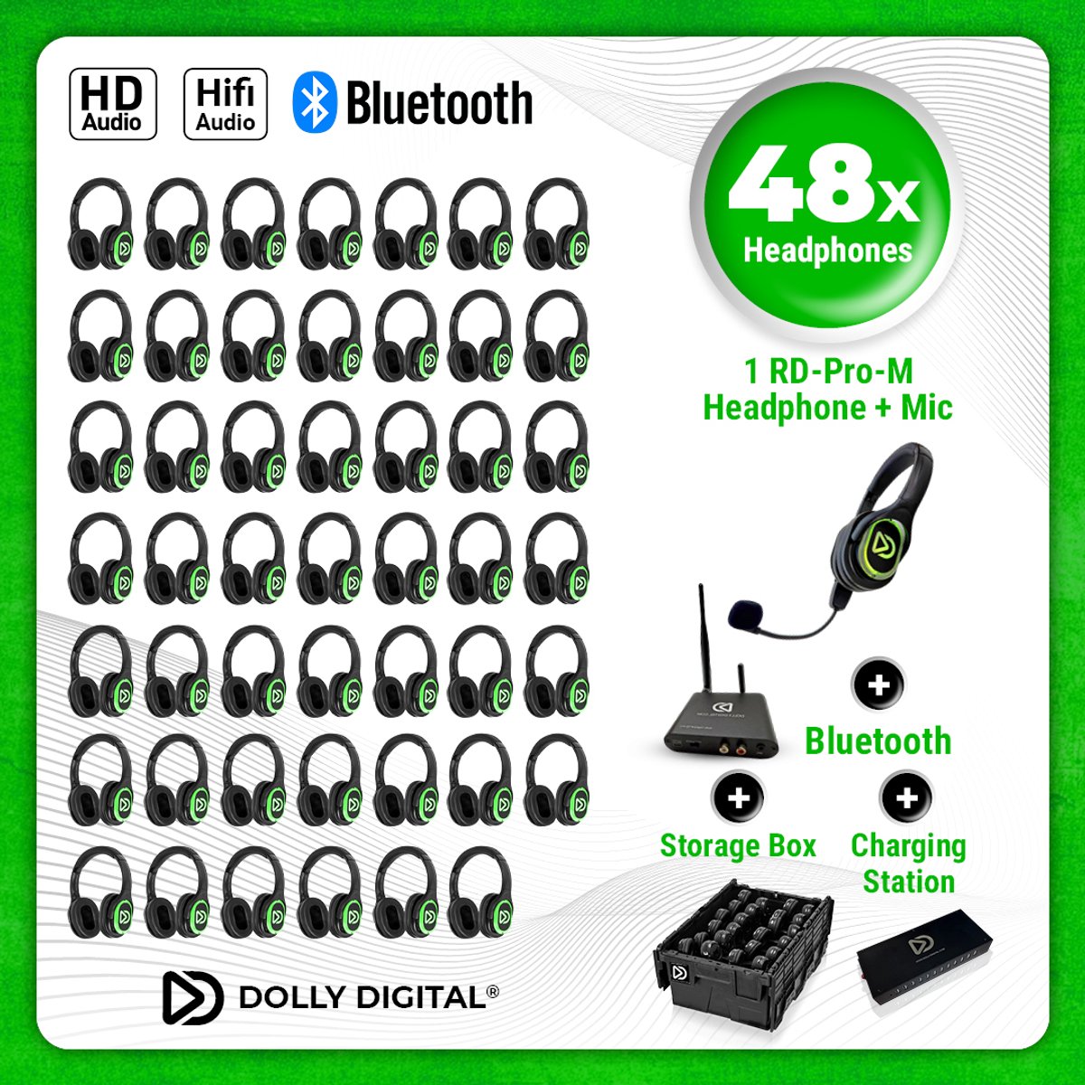 Dolly Digital® RD-Pro 48 Draadloze Koptelefoons voor groepen + Headmounted Microfoon – 48 HiFi Koptelefoons + Microfoon + Bluetooth + HiFi+ Oplaadstation