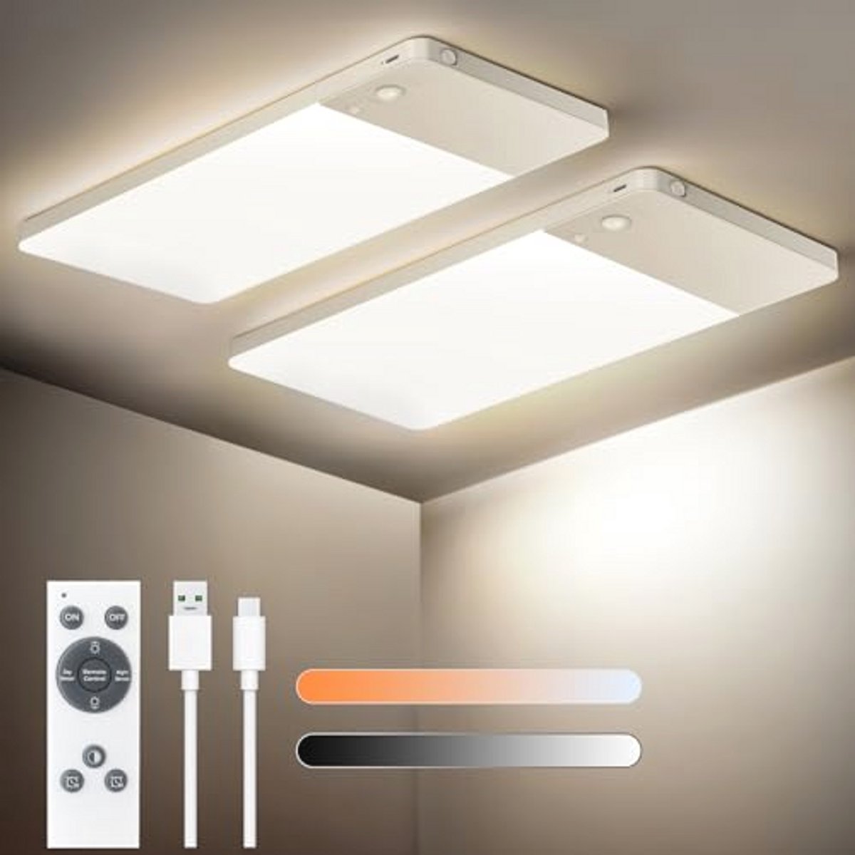 Dimbare Led-plafondlamp met Bewegingsmelder en Afstandsbediening - Draadloos, 12000 mAh Accu, Geschikt voor Trappen en Gangen (2 Stuks)