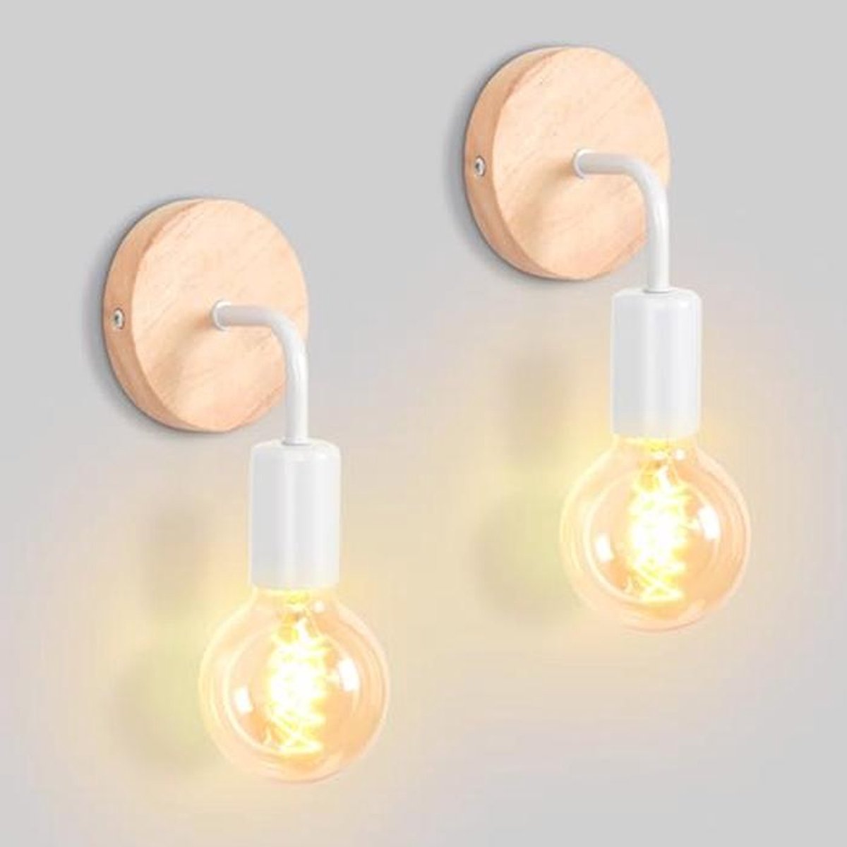 Set van 2 Wandlampen voor Binnen - Minimalistisch Design van Metaal en Hout - E27 Fitting Geschikt voor Slaapkamer en Badkamer