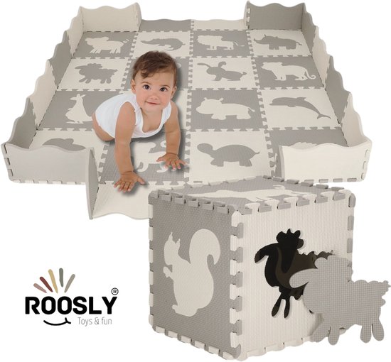 Roosly Speelmat Baby - Speelkleed Baby - babygym - Foam vloerpuzzel 145 x 145 cm - Opstaande Rand - Inclusief Opbergtas - speelgoed -Veilig & Zacht - Grijs